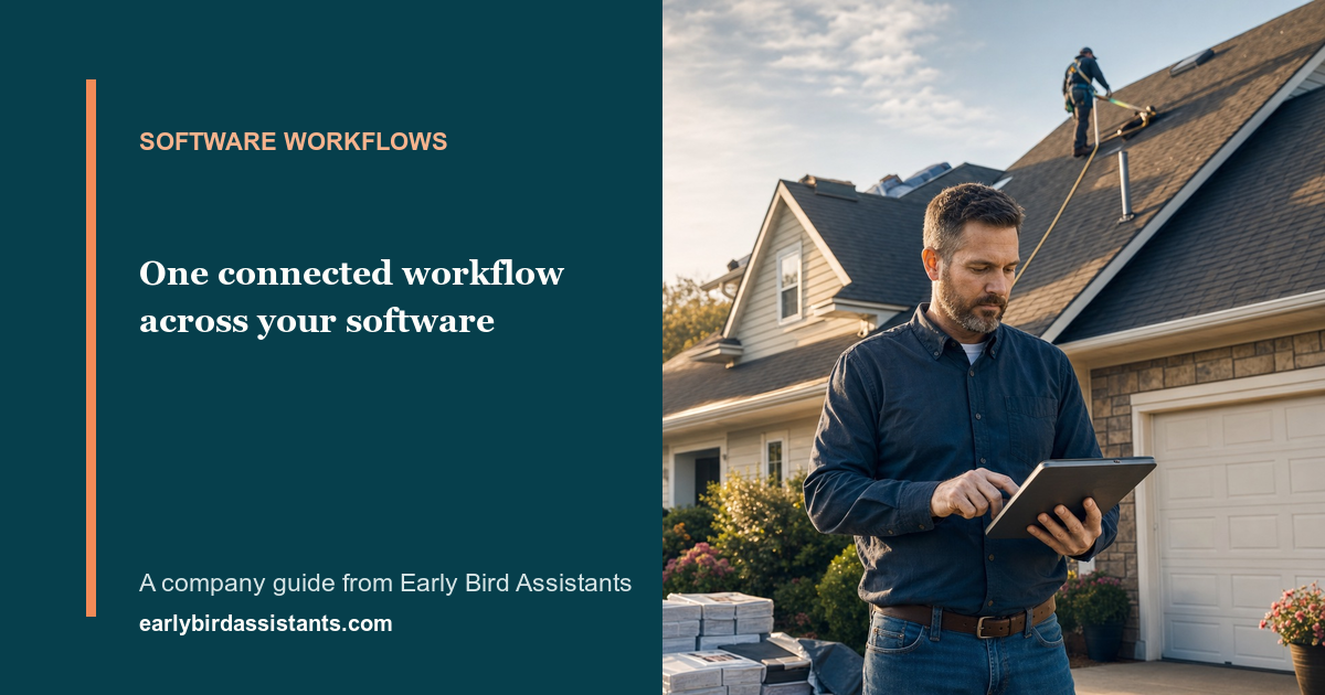 Home-service operator using a tablet beside a title about Early Bird software workflows